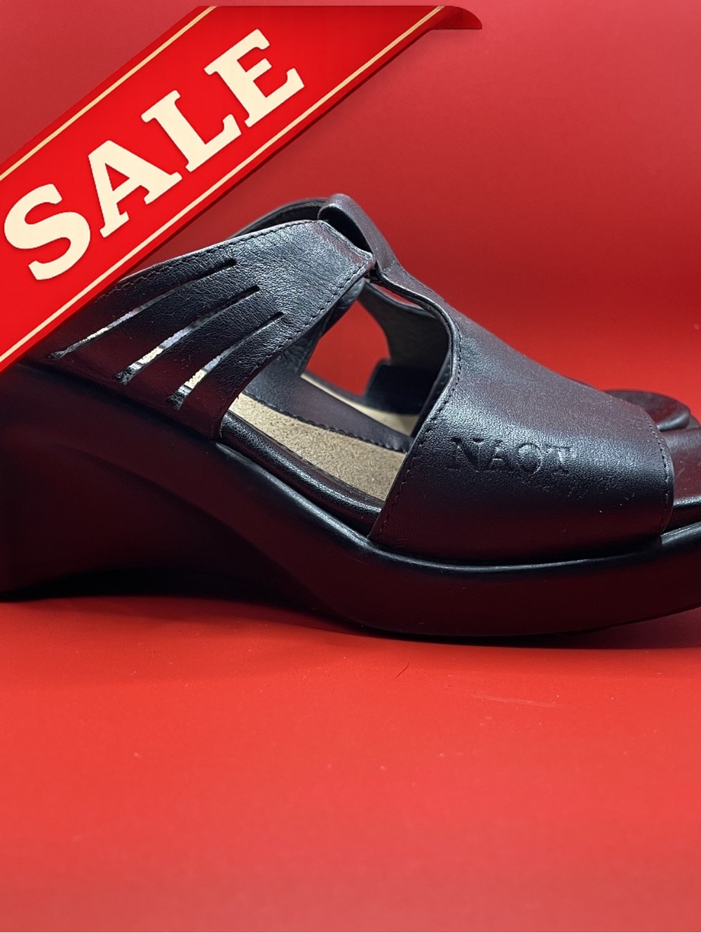 NAOT Women's Black Leather Fantasa Wedge Sandals Size: 36